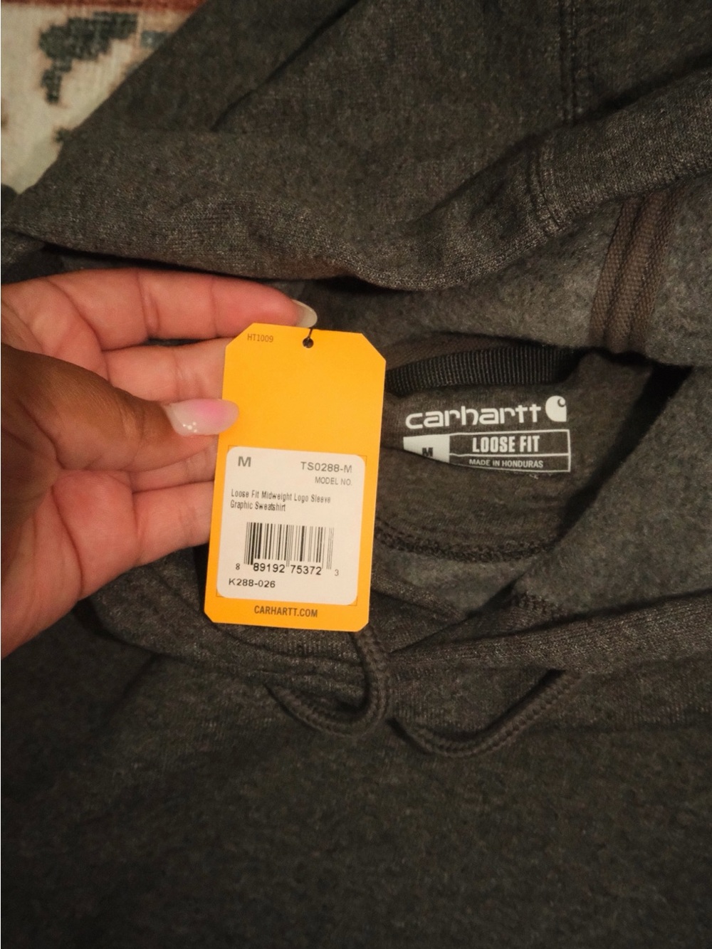 Carhartt GREY Hooded Sweatshirt with Lime Green Sleeve Logo - Picture 3 of 4
